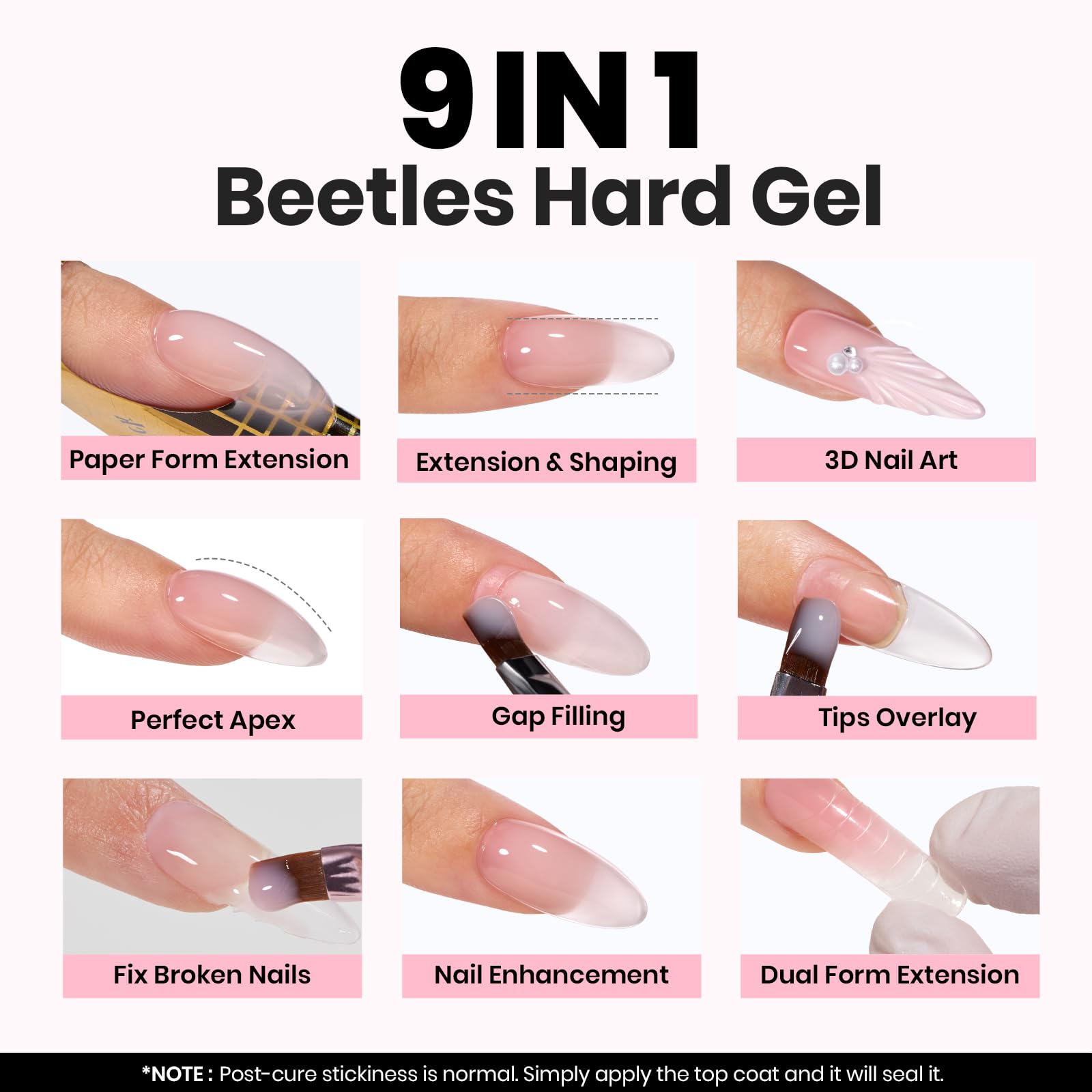 Beetles nail extension kit contents including brush and nail forms