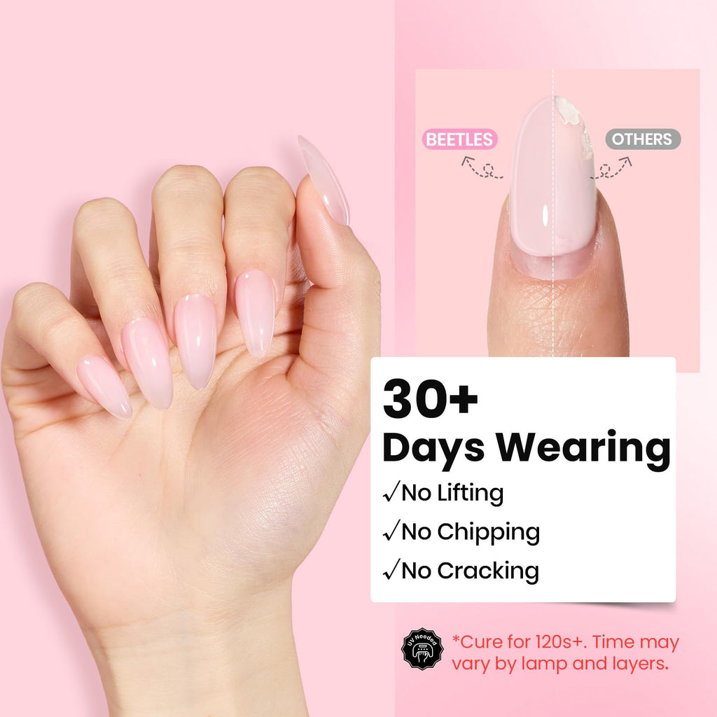 Swatch display of clear, nude, and pink builder gel shades