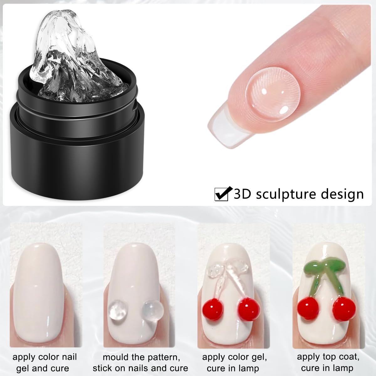 Hands creating 3D flower nail art using clear sculpting gel