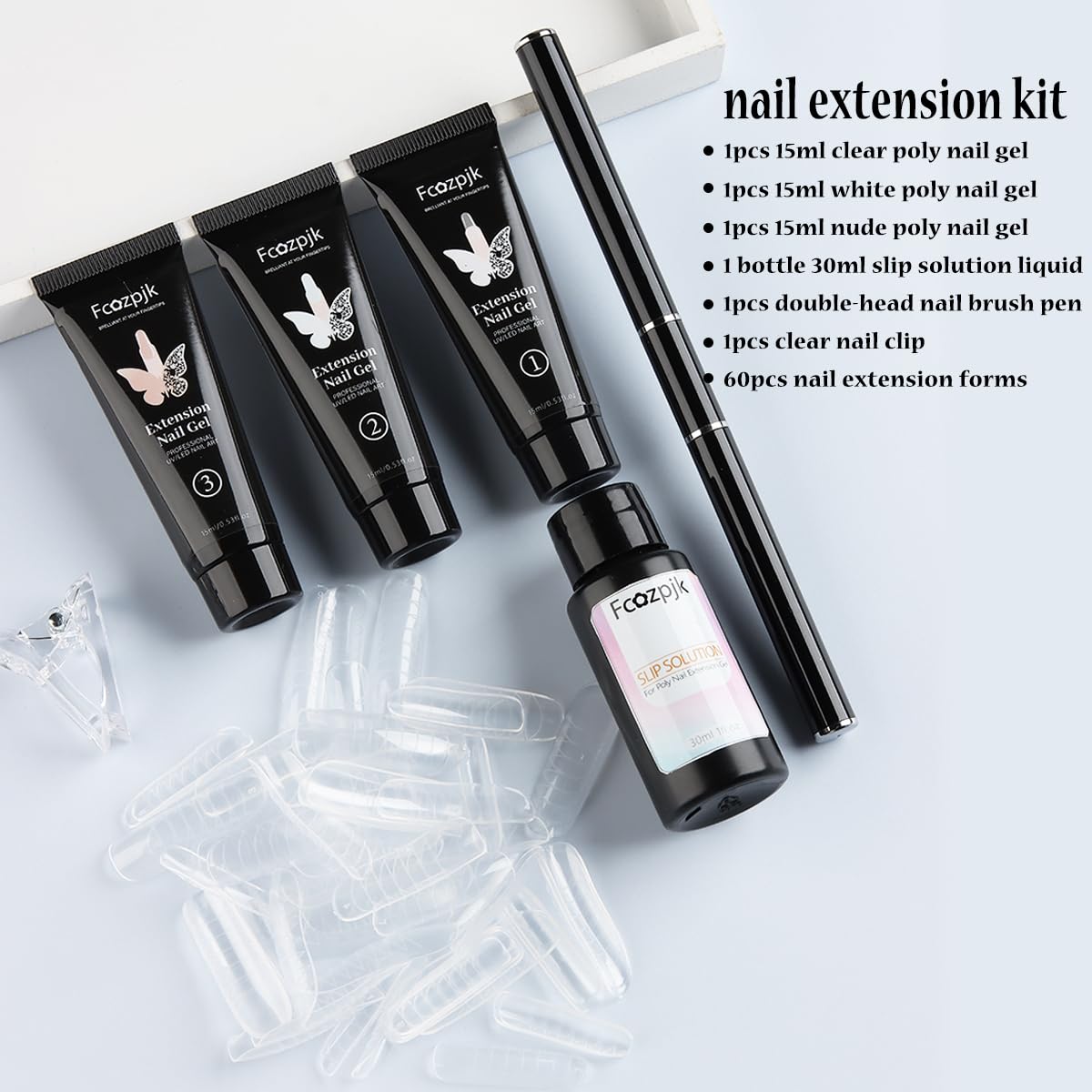 Fcozpjk poly gel nail kit packaging with slip solution and nail forms.