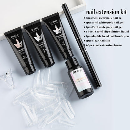 Fcozpjk poly gel nail kit packaging with slip solution and nail forms.