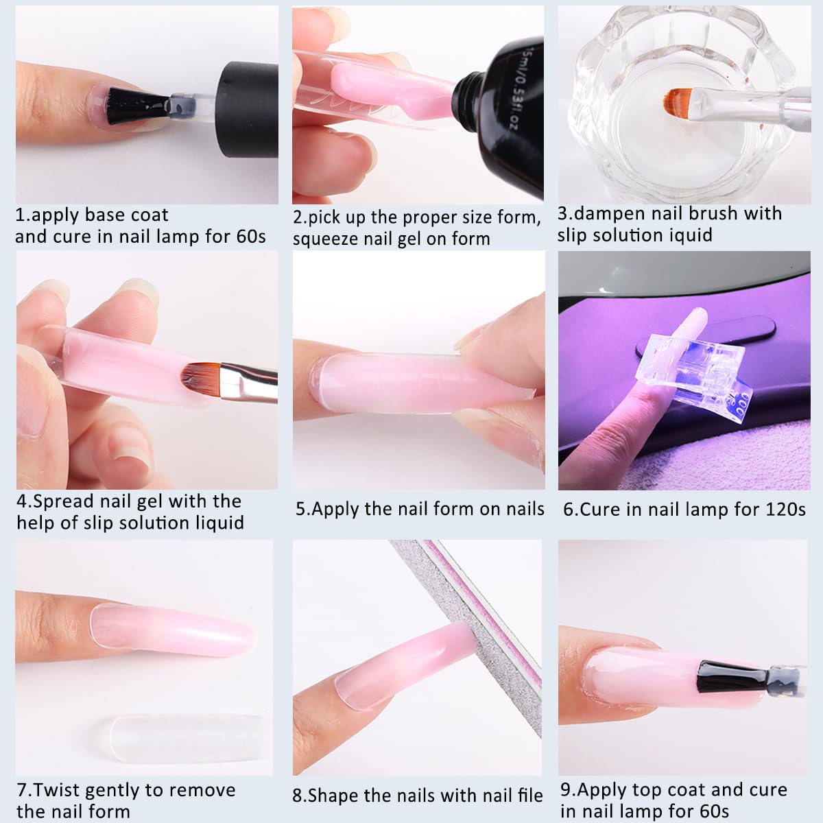 Fcozpjk nail kit components including dual forms and applicator clips.