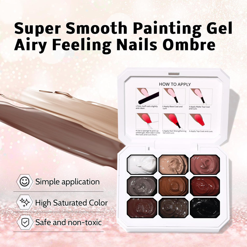 Swatch palette of Karroy solid pat paint gel for aura and floral nail art