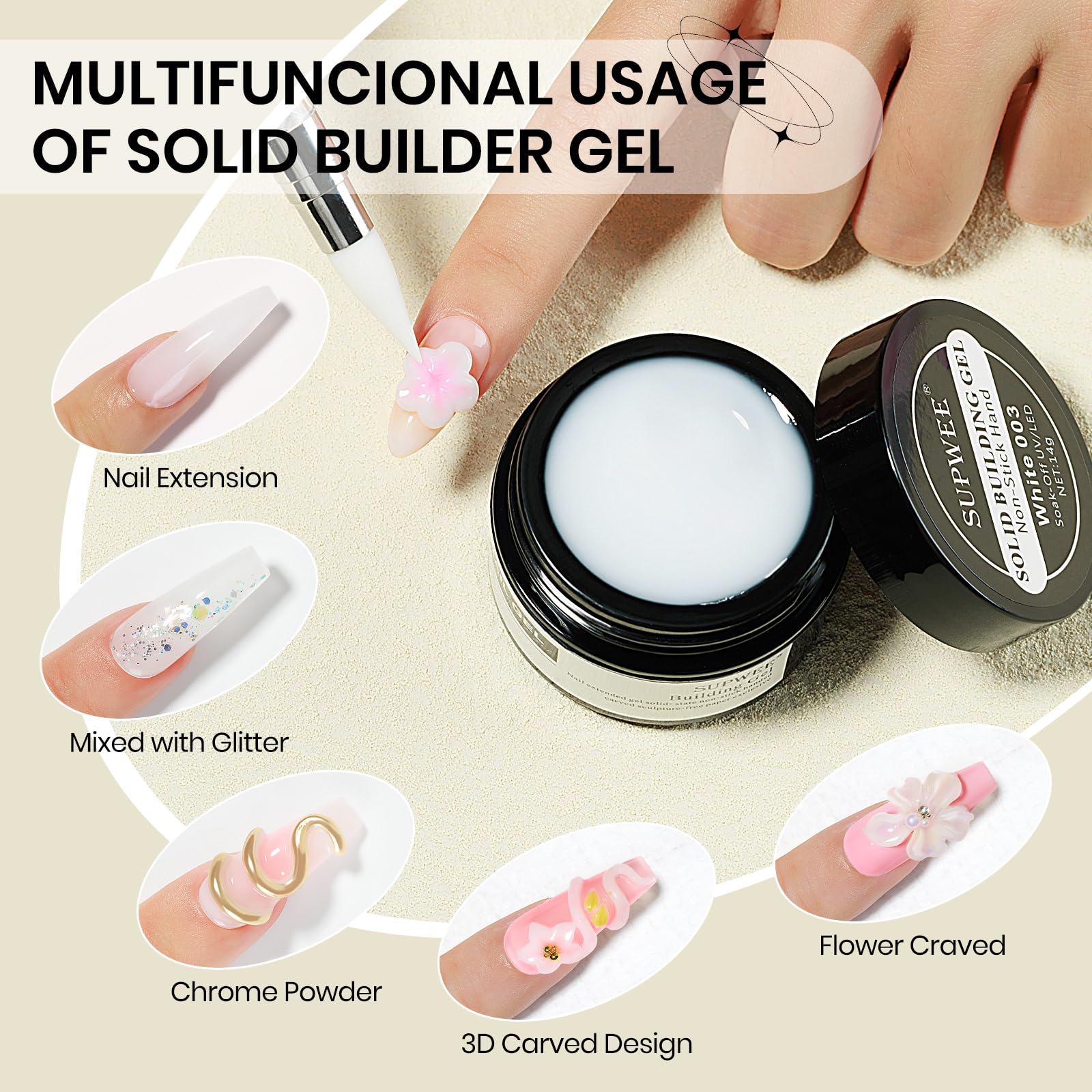 Close up of Supwee 3D white nail carving gel texture