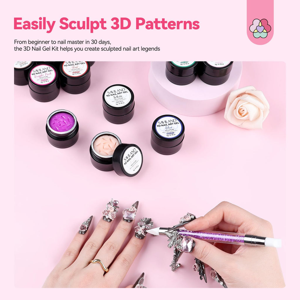 Finished glossy 3D nail art designs created with Saviland kit