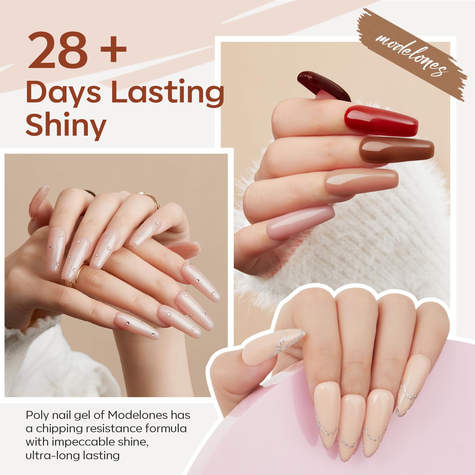 Modelones poly gel colors showing nude and red shades