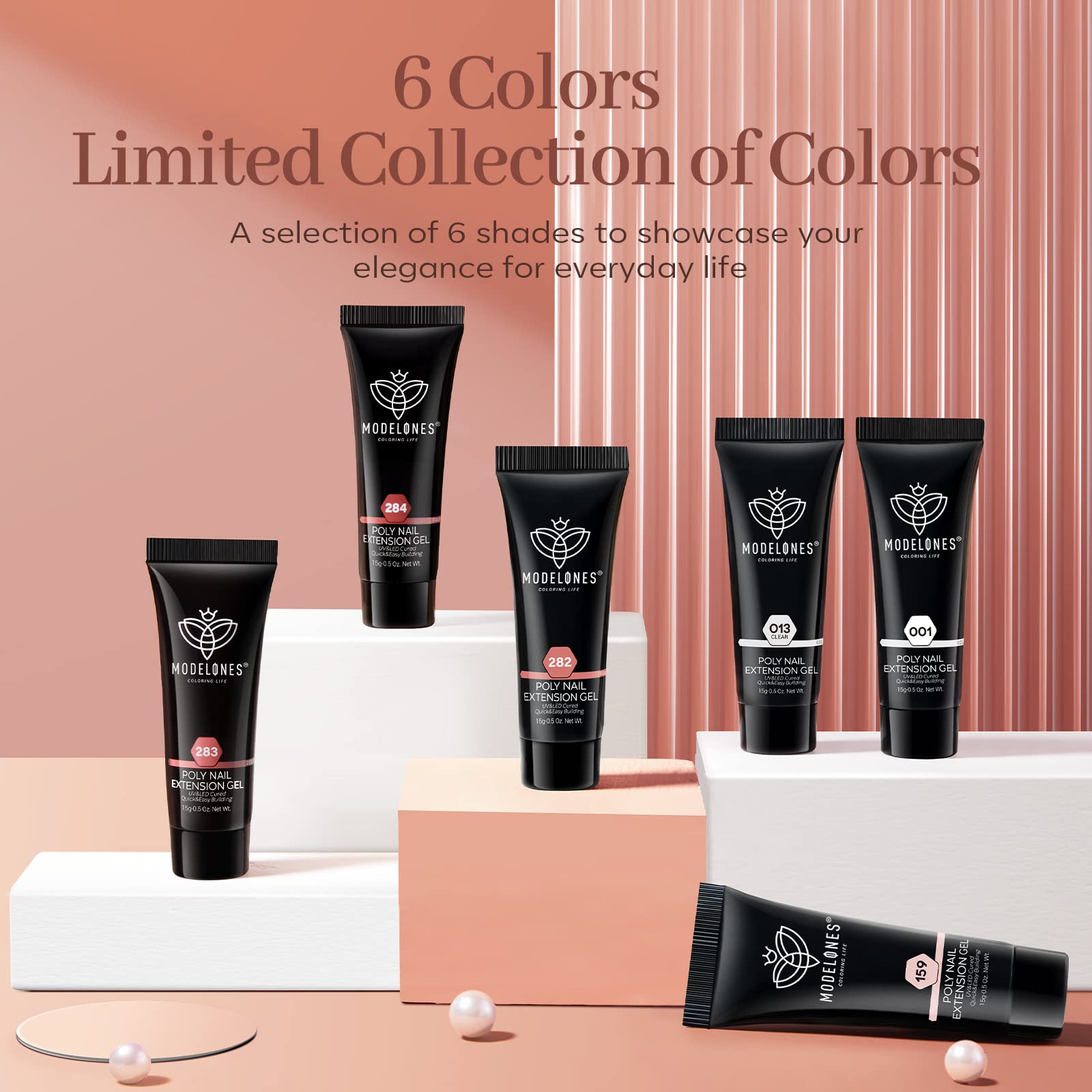 Close up of Modelones 15 milliliter poly nail gel bottles