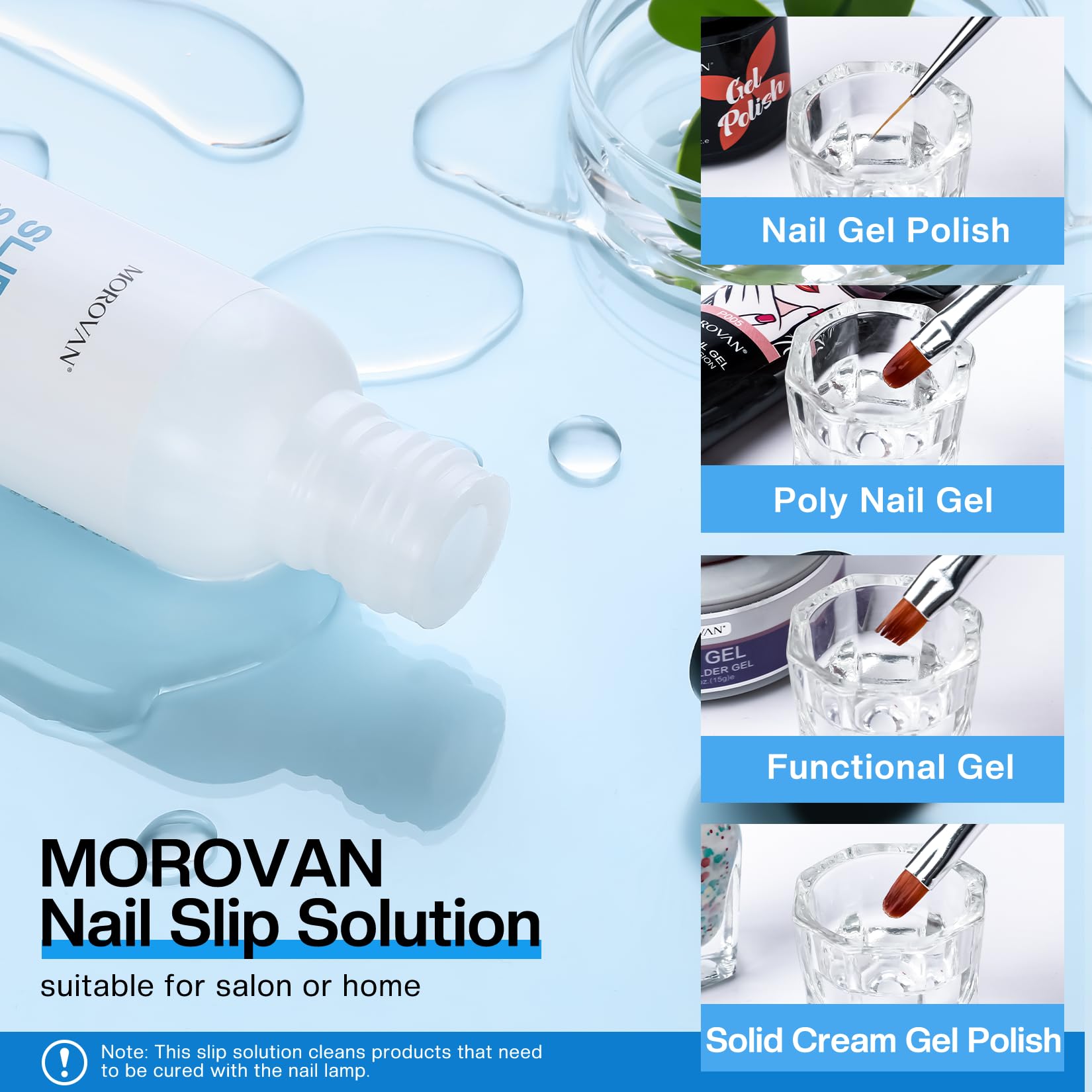 Top view of Morovan slip solution bottle and professional nail tools