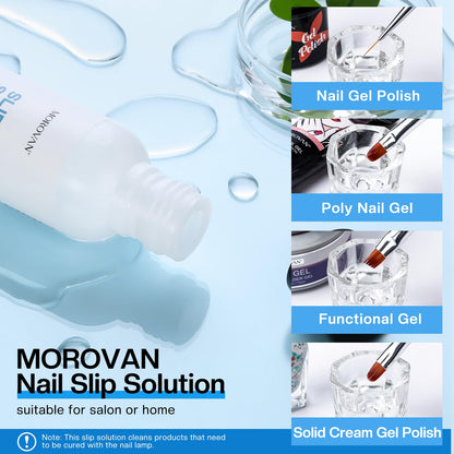 Top view of Morovan slip solution bottle and professional nail tools