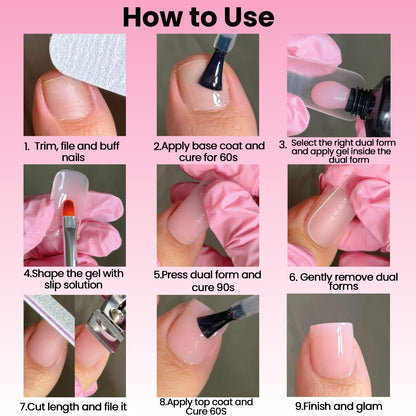Poly gel nail extension application process showing dual forms