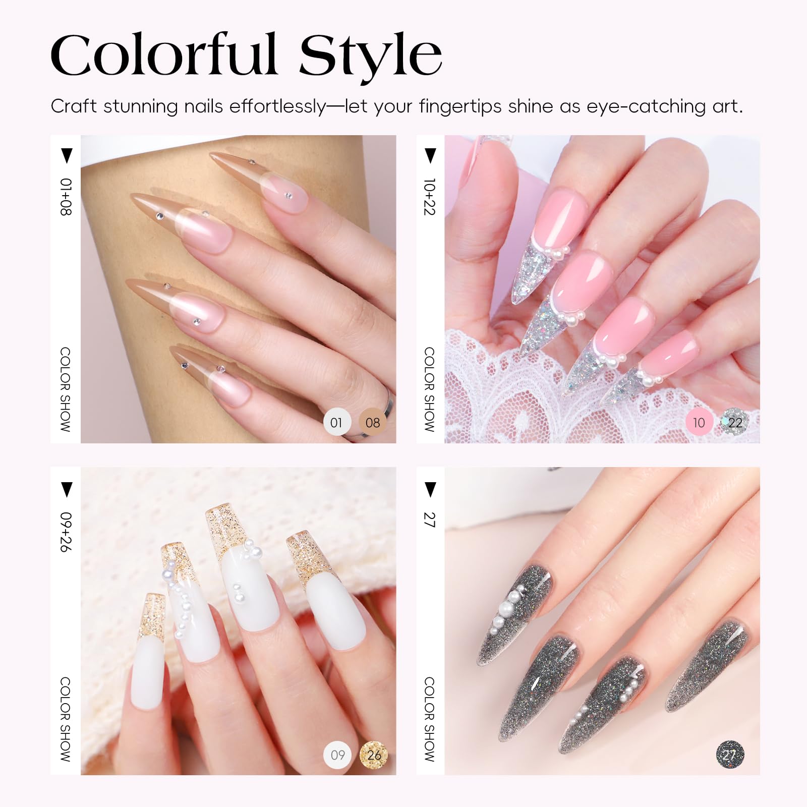 Collection of nail art glitter and decorations in the Coscelia kit