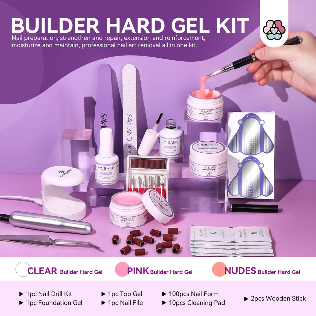 Saviland hard builder gel jars in clear, pink, and nude shades