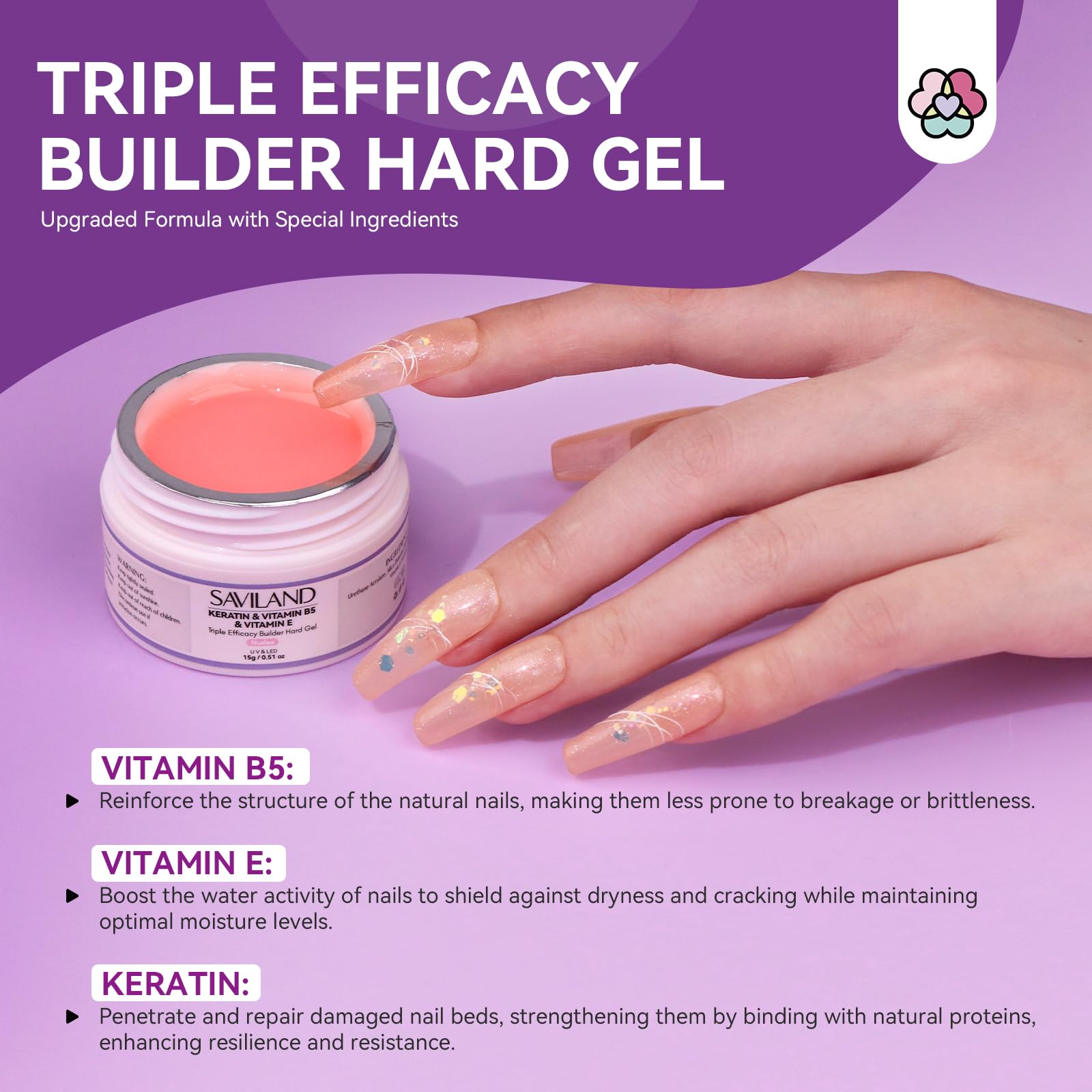 Close up of Saviland clear pink and nude builder hard gels