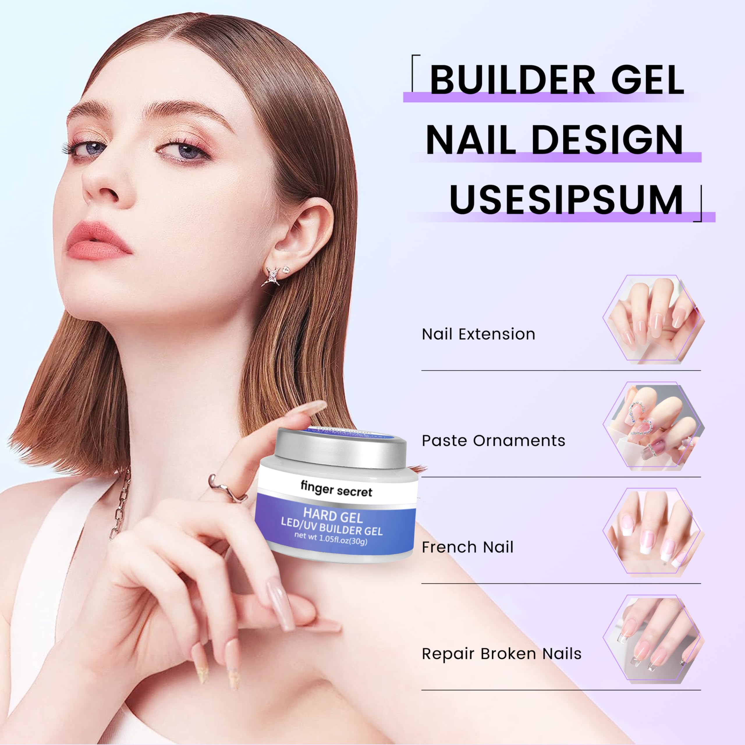 Clear and nude hard gel for long lasting nail extensions
