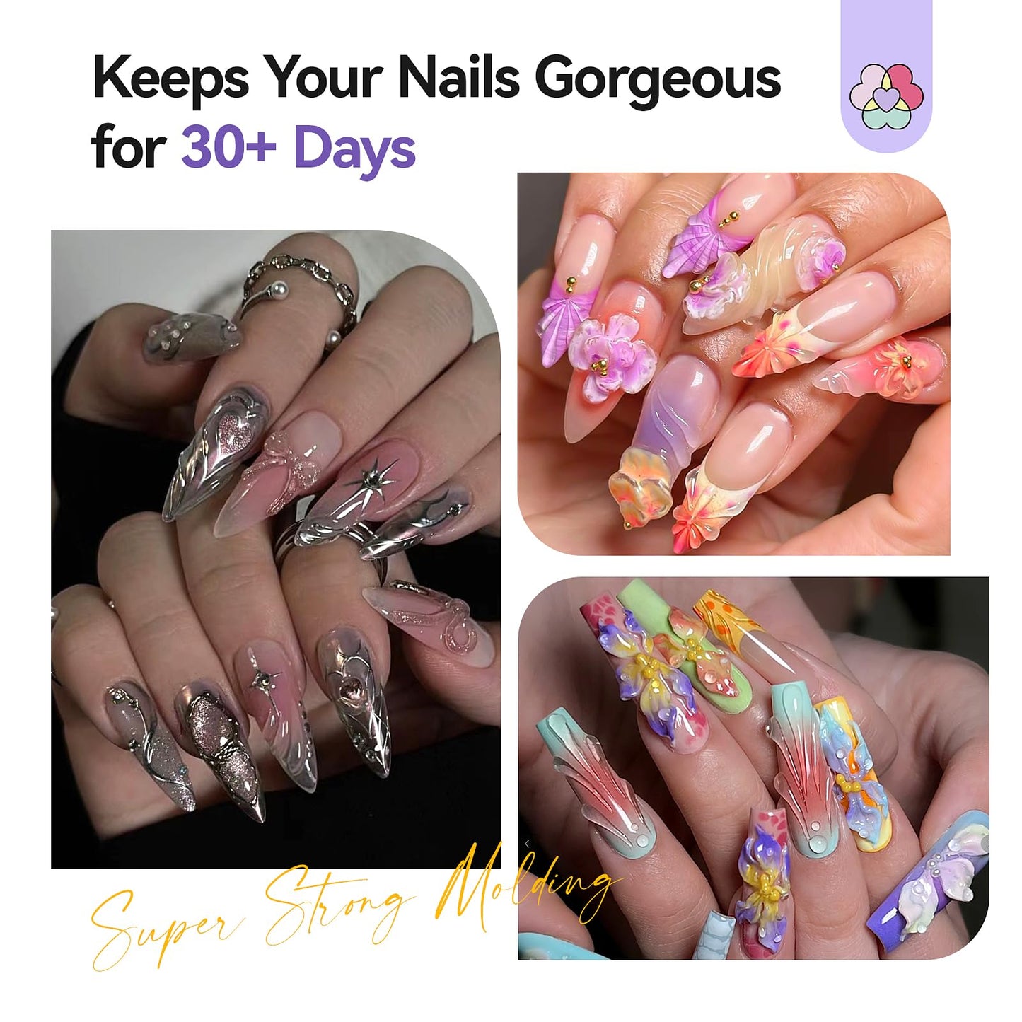 Close up of floral nail art design using 3D gel