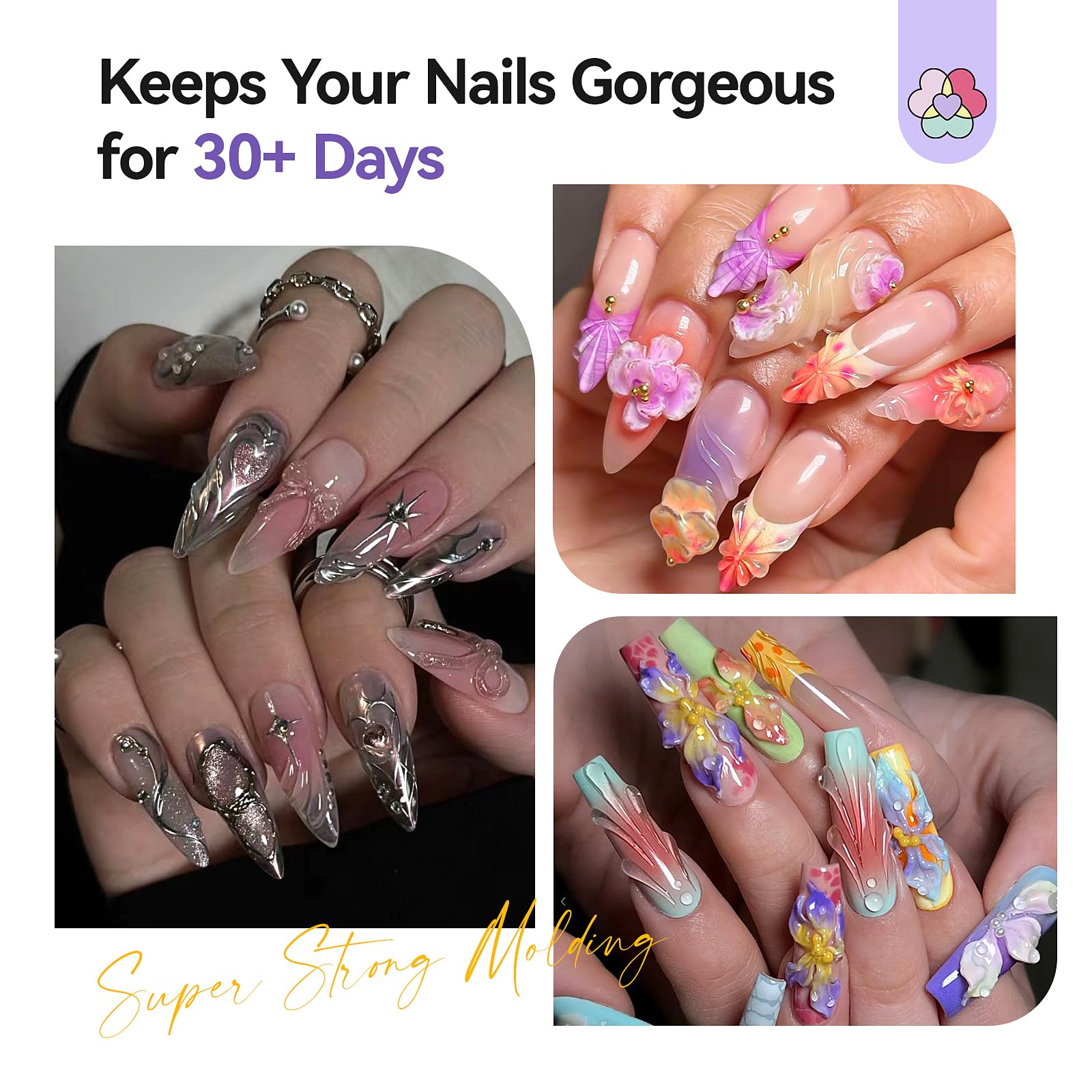 Close up of floral nail art design using 3D gel