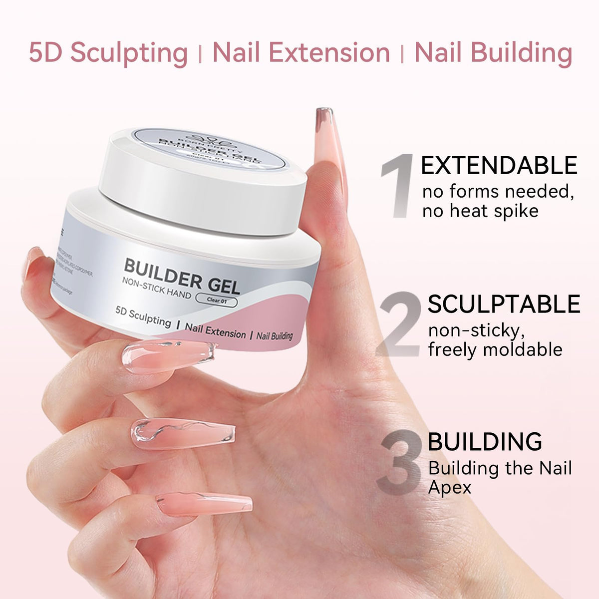 Completed clear nail extensions shaped with solid builder gel