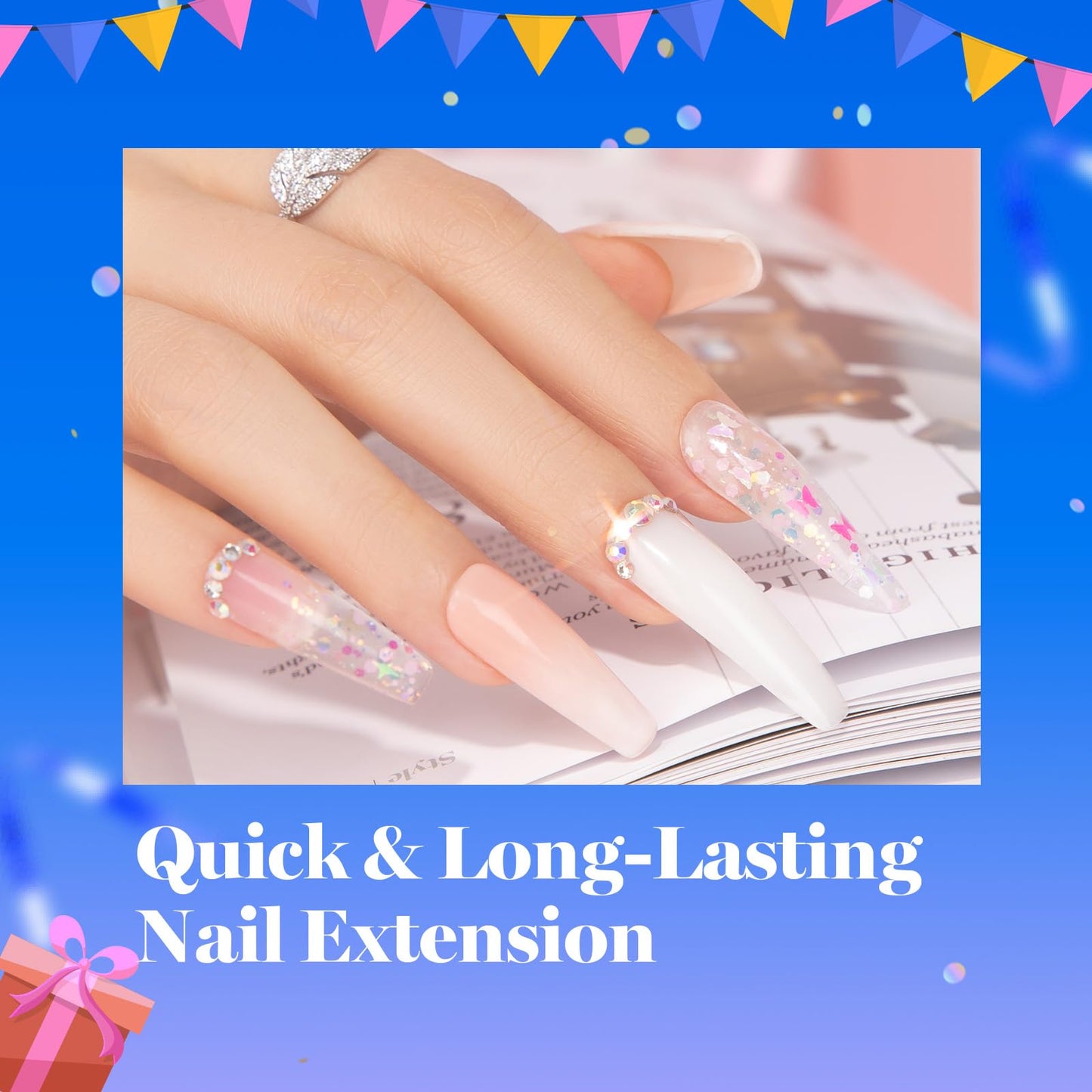 Beetles nail extension gel tube next to professional nail tools