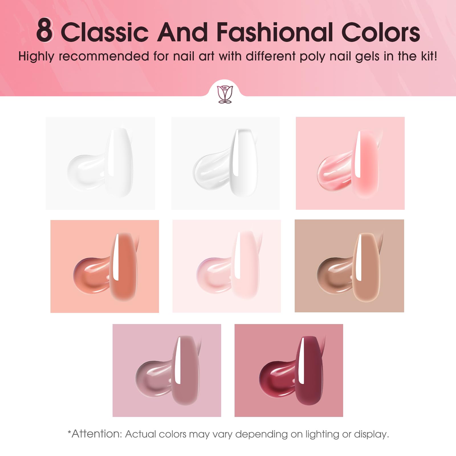 Close up of 8 poly nail gel tubes in a starter kit