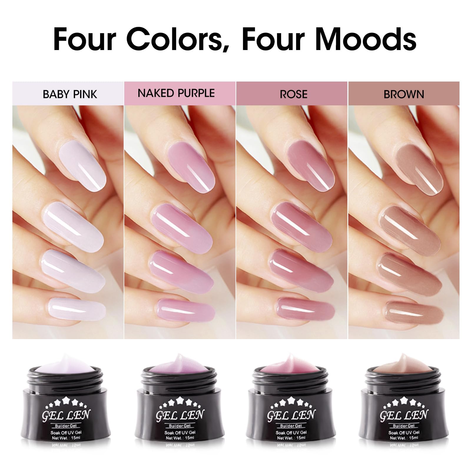 Four pots of Gellen hard builder gel for nails