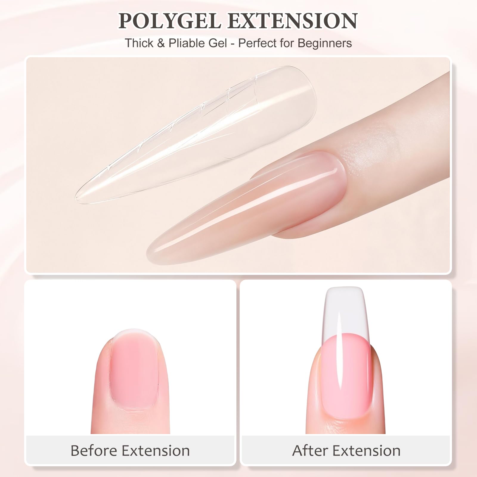 Six tubes of Thr3e Strokes poly extension gel in nude and pink