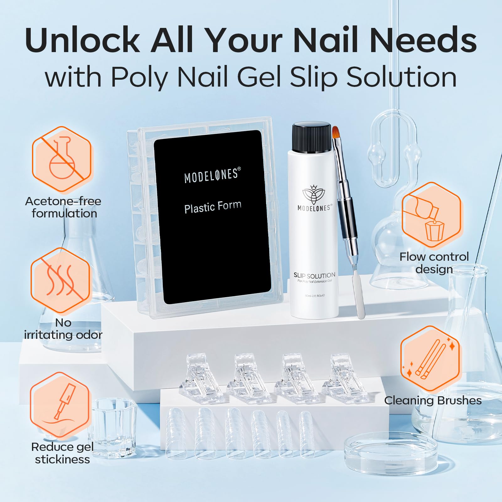Close up of Modelones anti-stick liquid bottle for poly gel