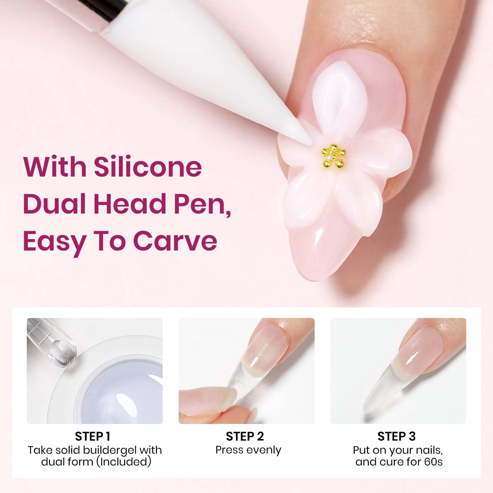Hand demonstrating application of solid builder gel on nail form