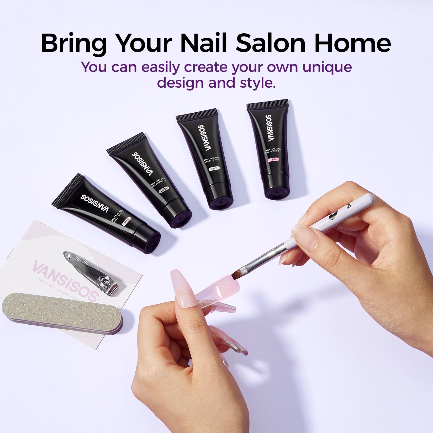 Close up of professional poly nail gel set for home use