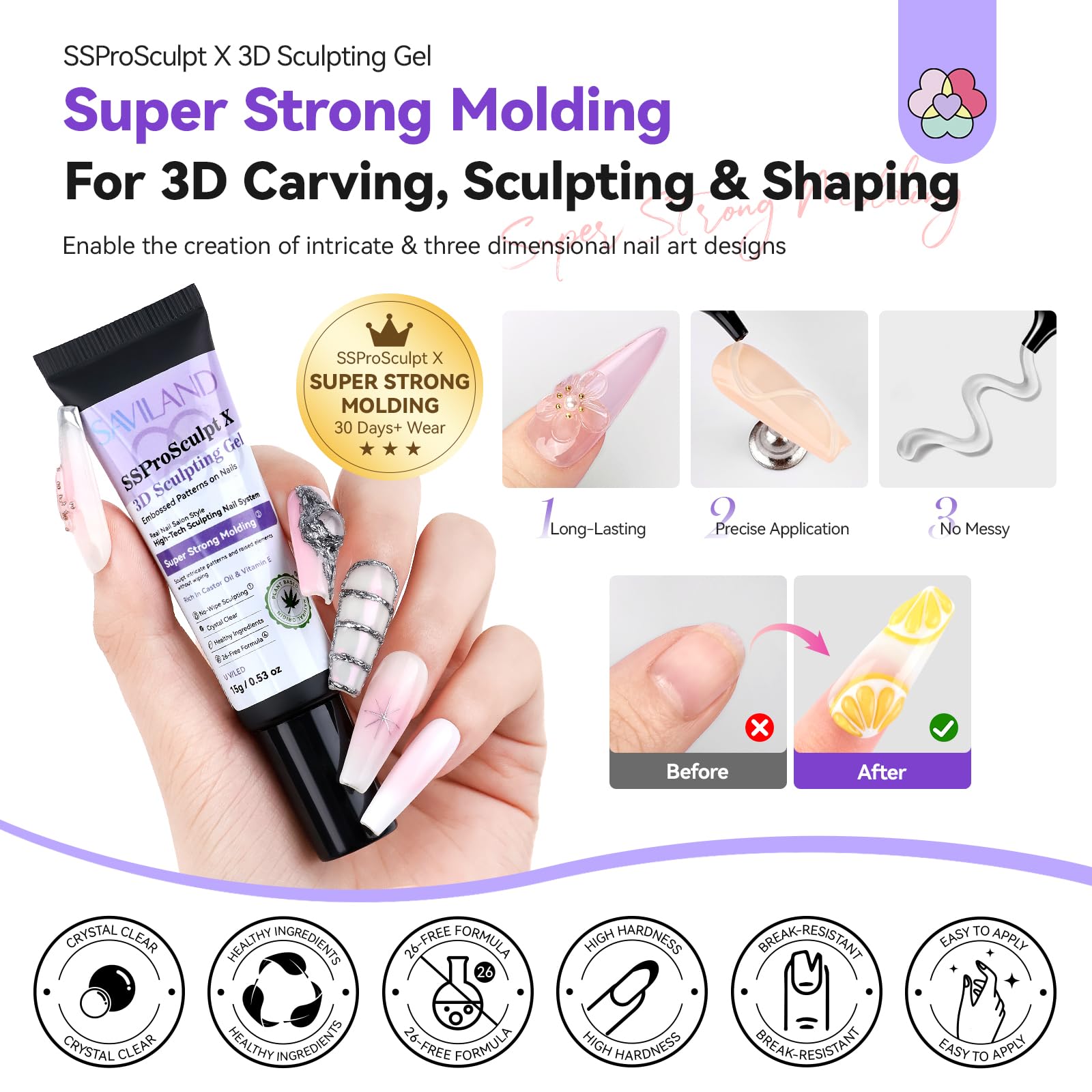 Close up of Saviland 3D molding gel for nail art design