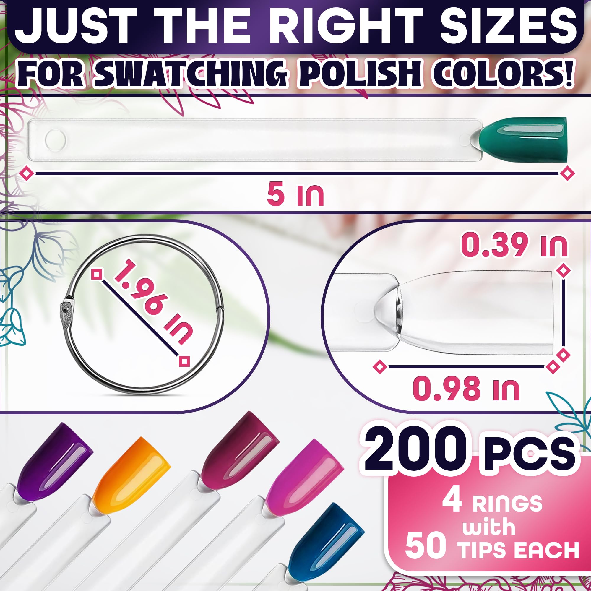 Transparent acrylic nail practice tips organized on a metal fan ring
