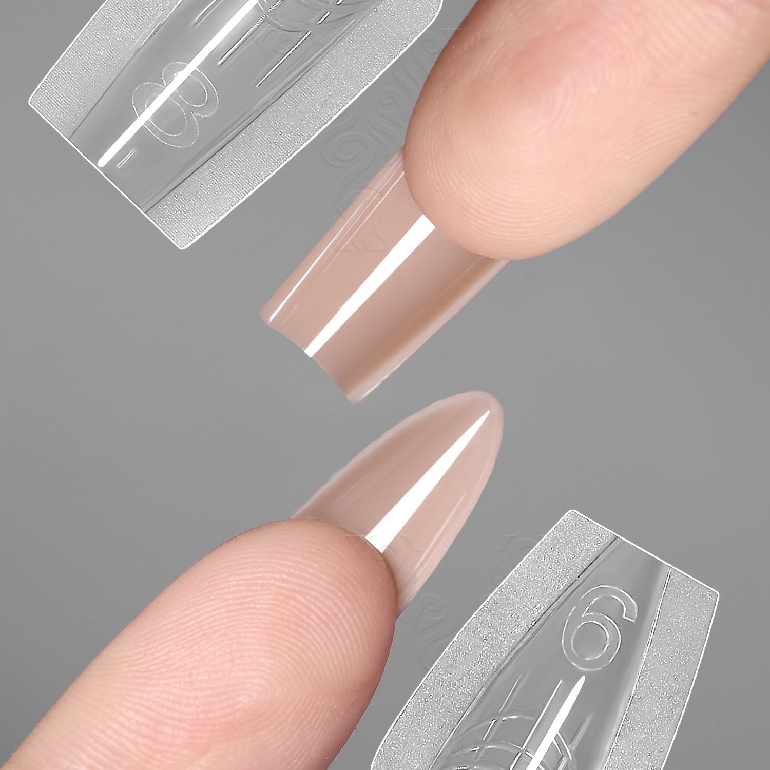 Crystal clear almond nail extension result using Yokefellow forms