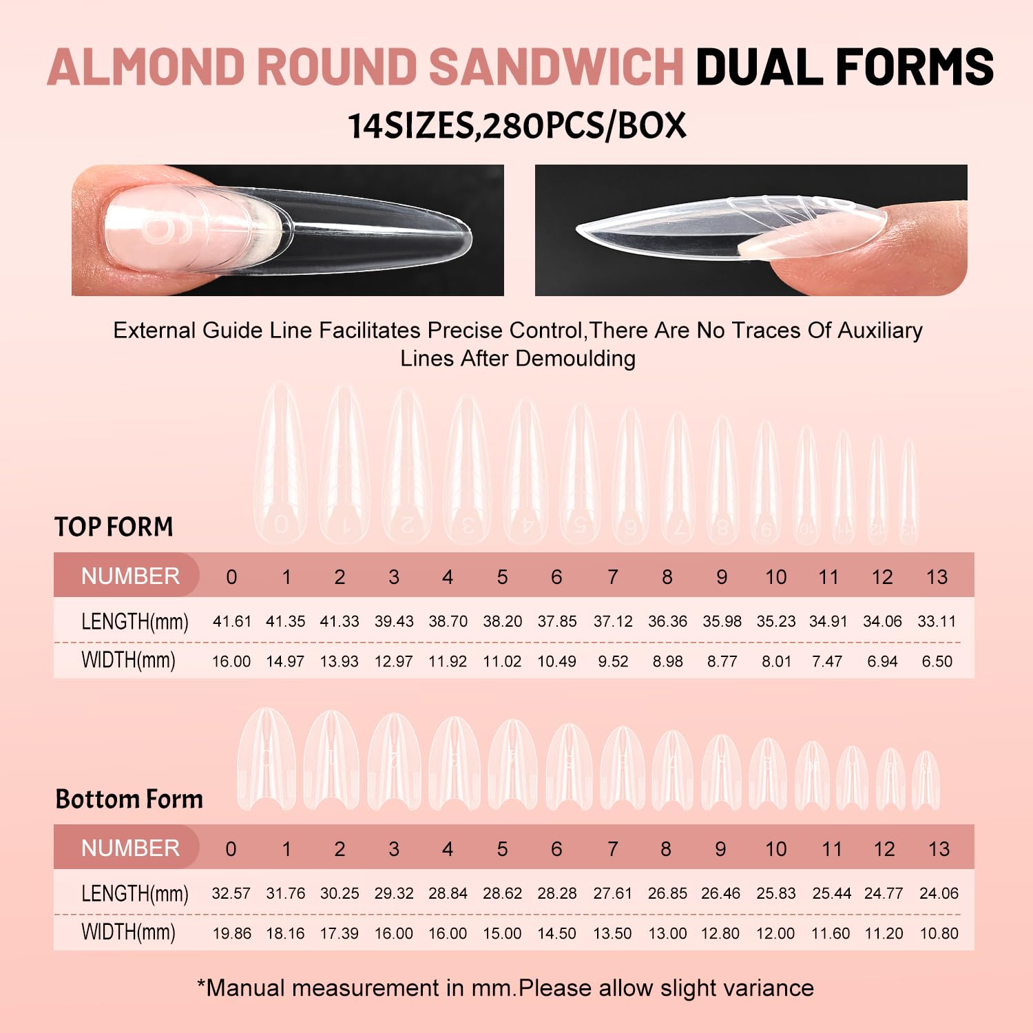 Clear plastic nail extension forms arranged by size