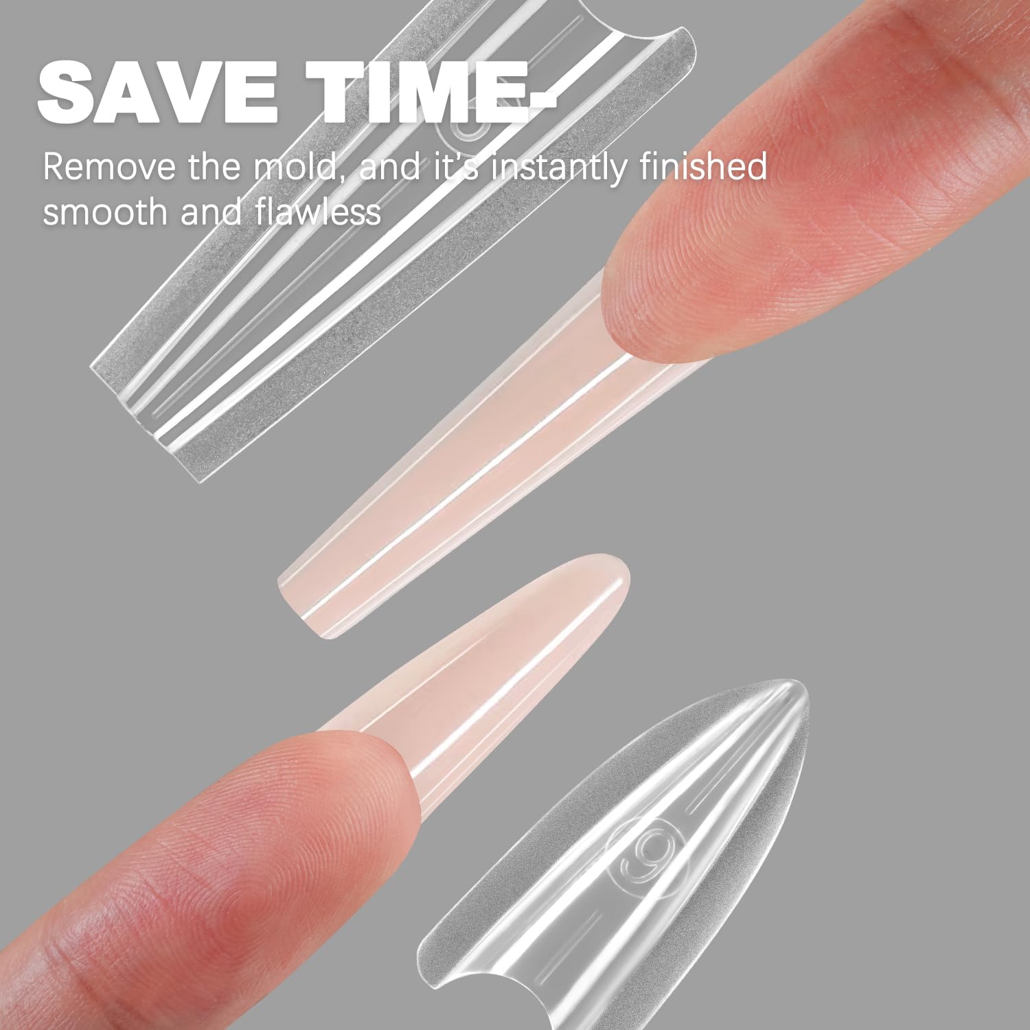 Close up of almond round shape nail extension mold
