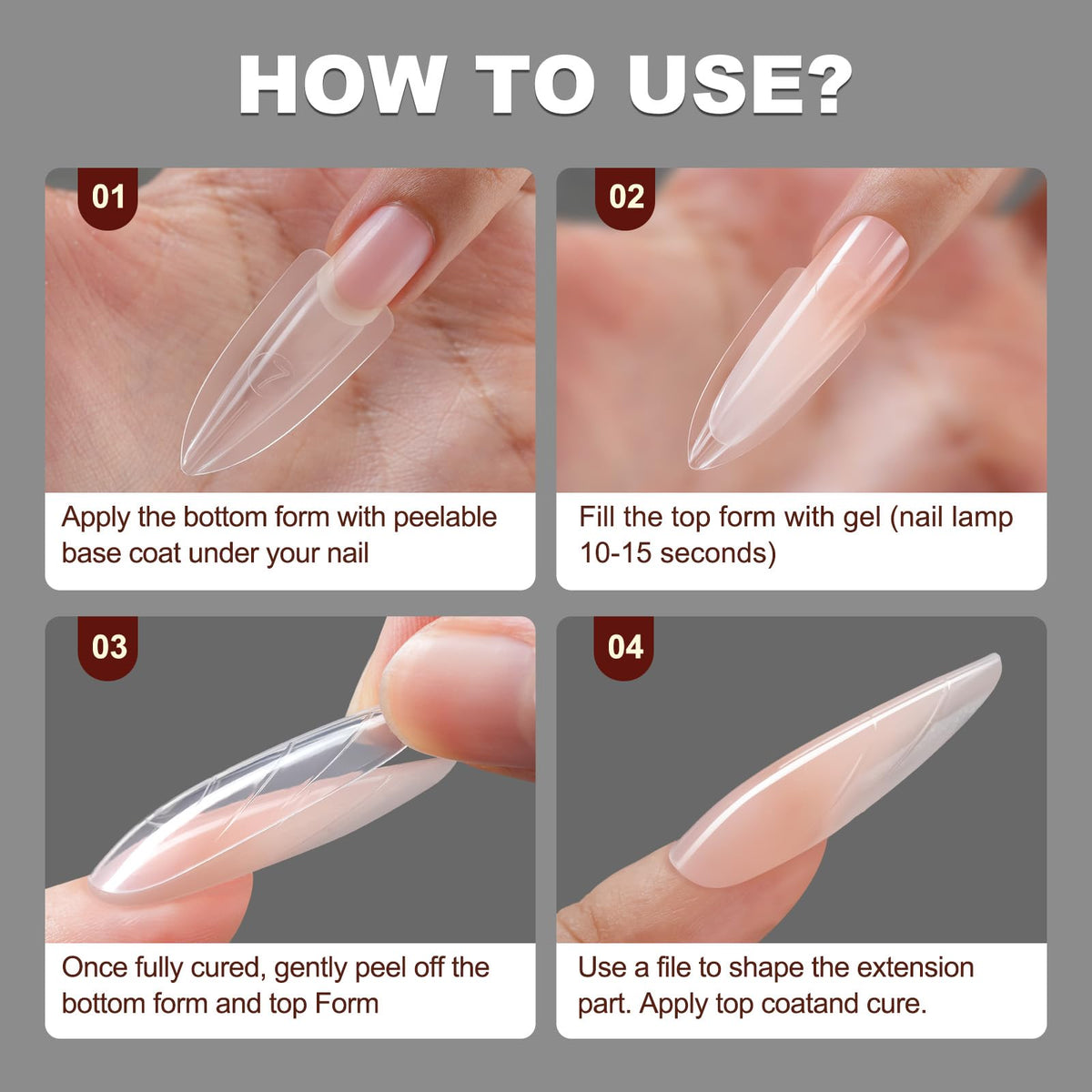 Finished manicure result using quick nail extension sandwich mold