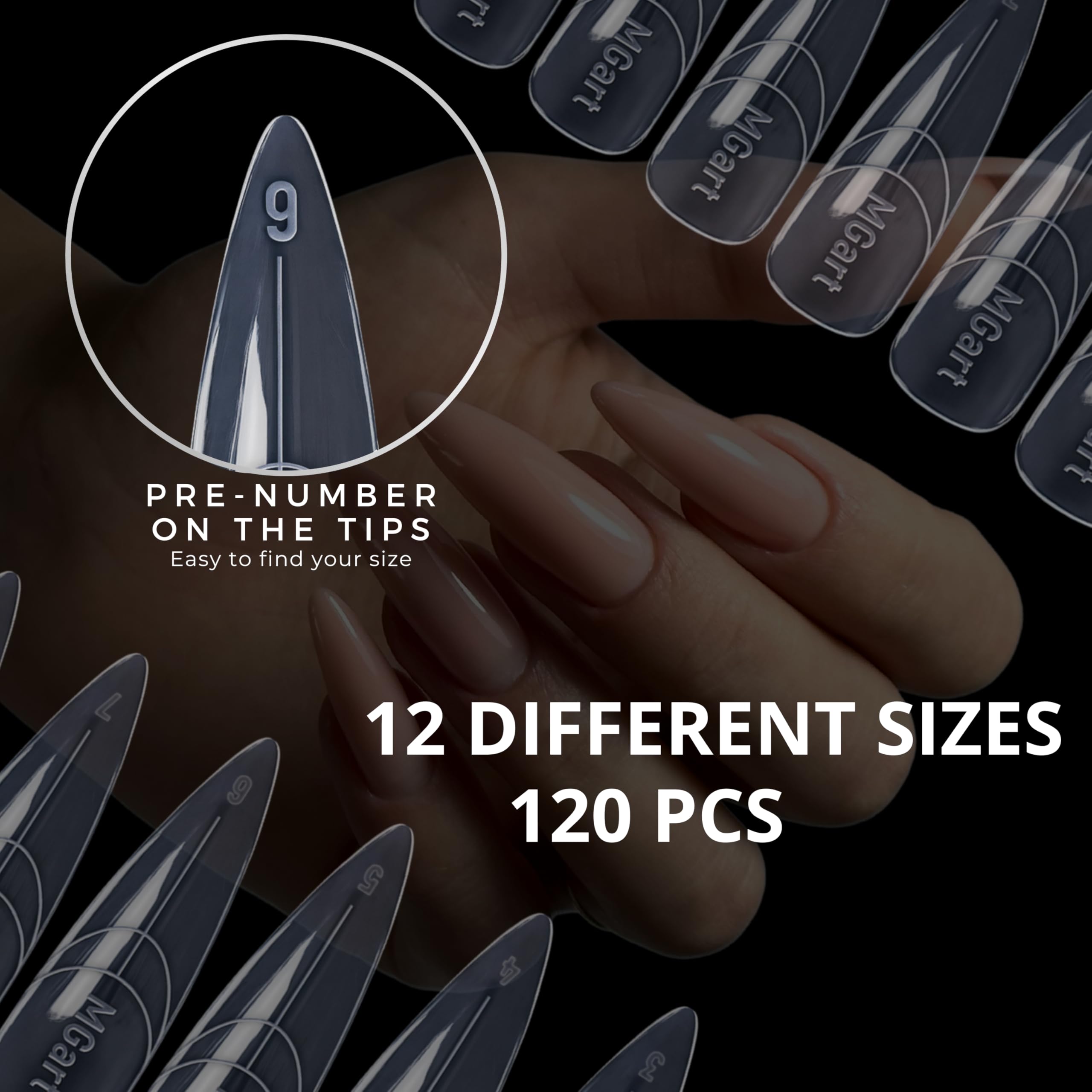 MGART almond polygel extension forms arranged by size