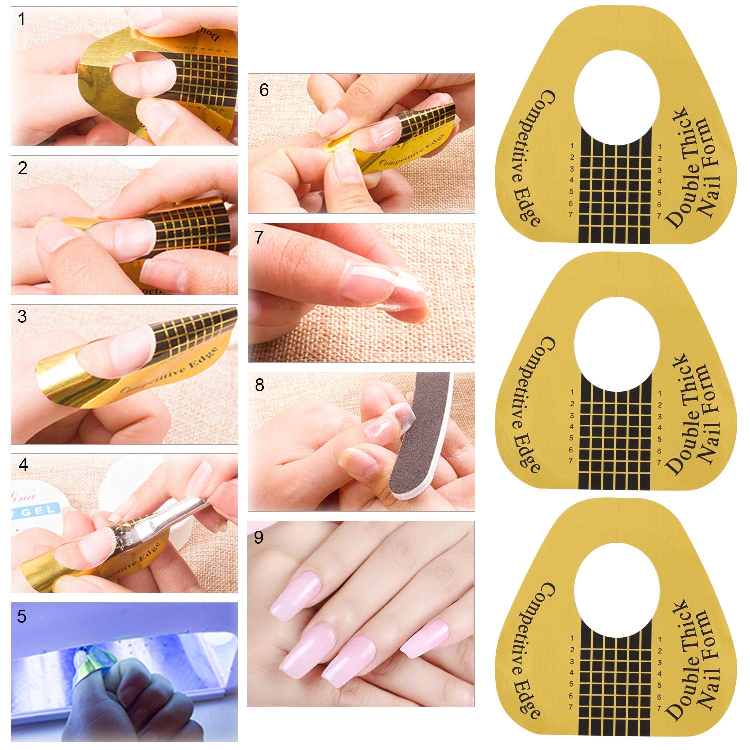 Top view of golden nail sculpting forms for professional manicure