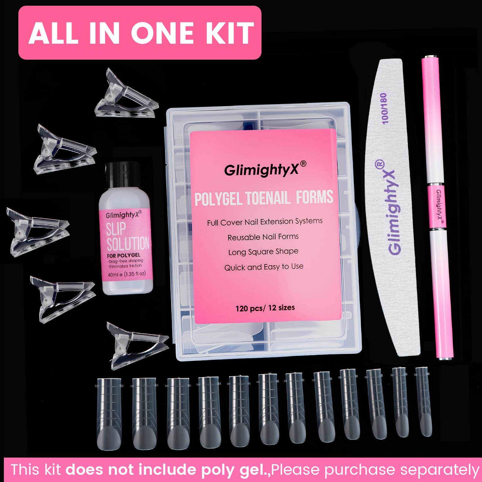 GlimightyX polygel kit components including brush and slip solution