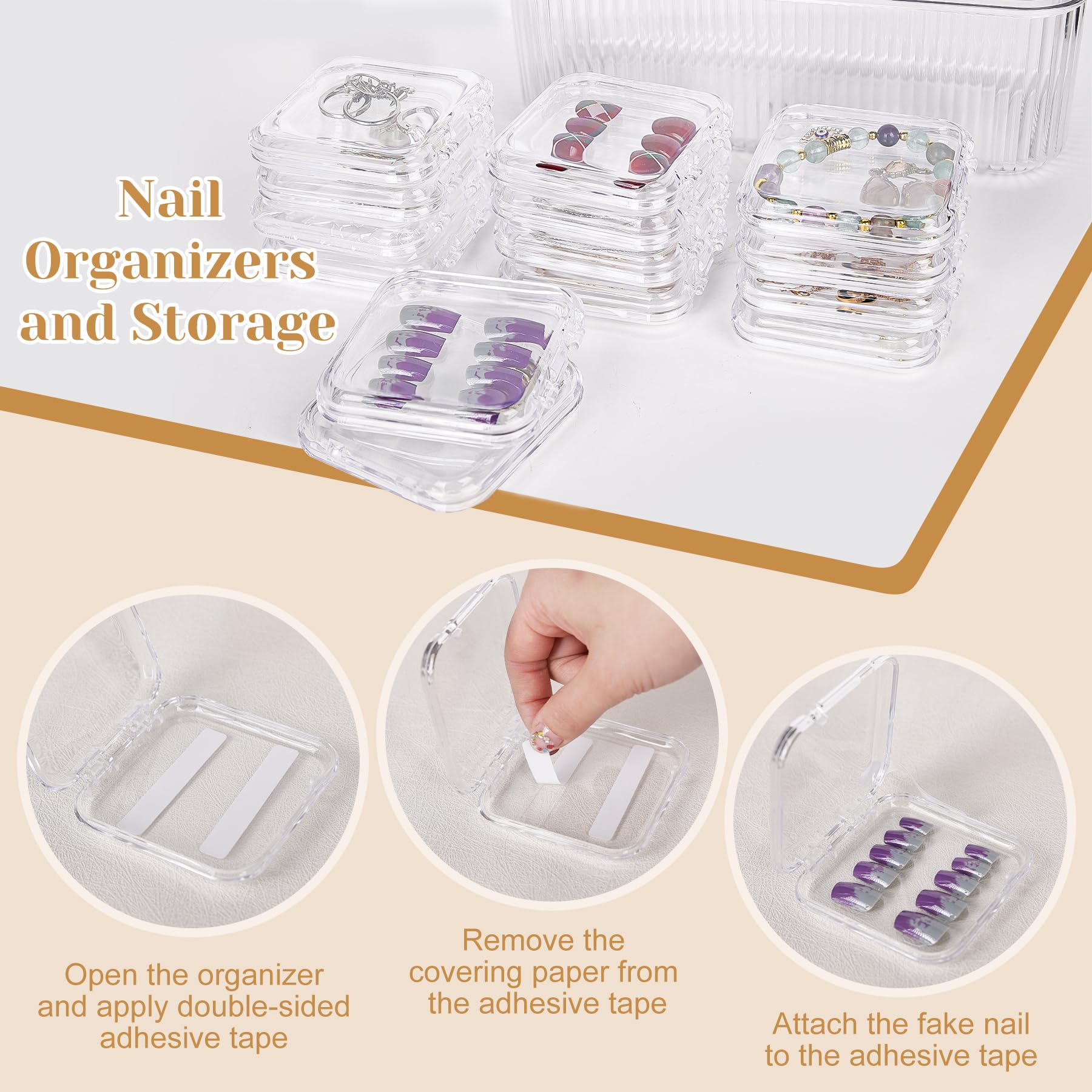 Acrylic display case showing organized artificial nail sets