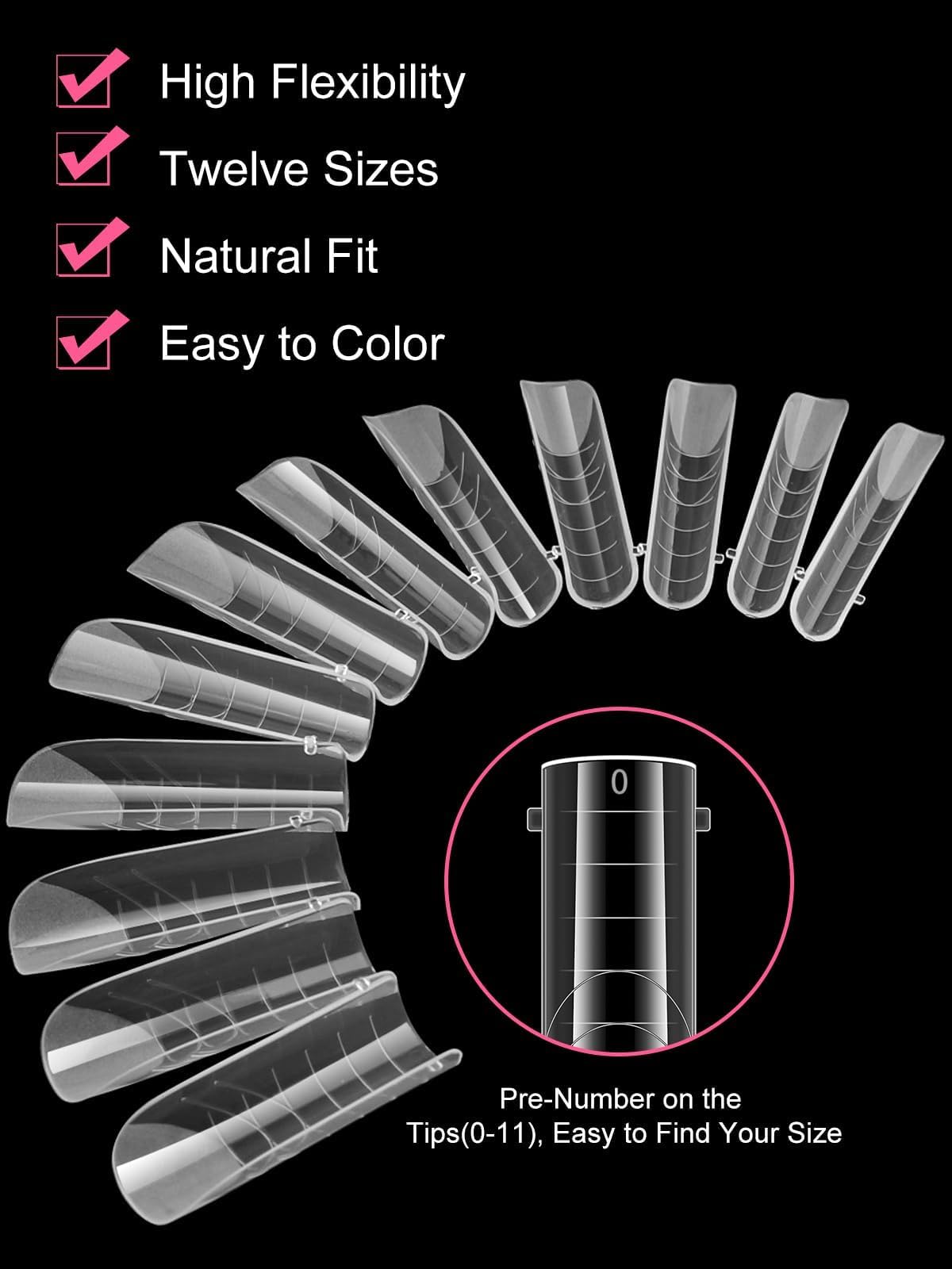 12 different sizes of coffin nail tips for poly gel