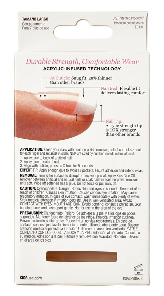 Close up of Kiss Salon Acrylic French Kit long nails in packaging