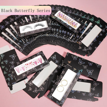 Side view of empty nail business packaging boxes with butterfly design
