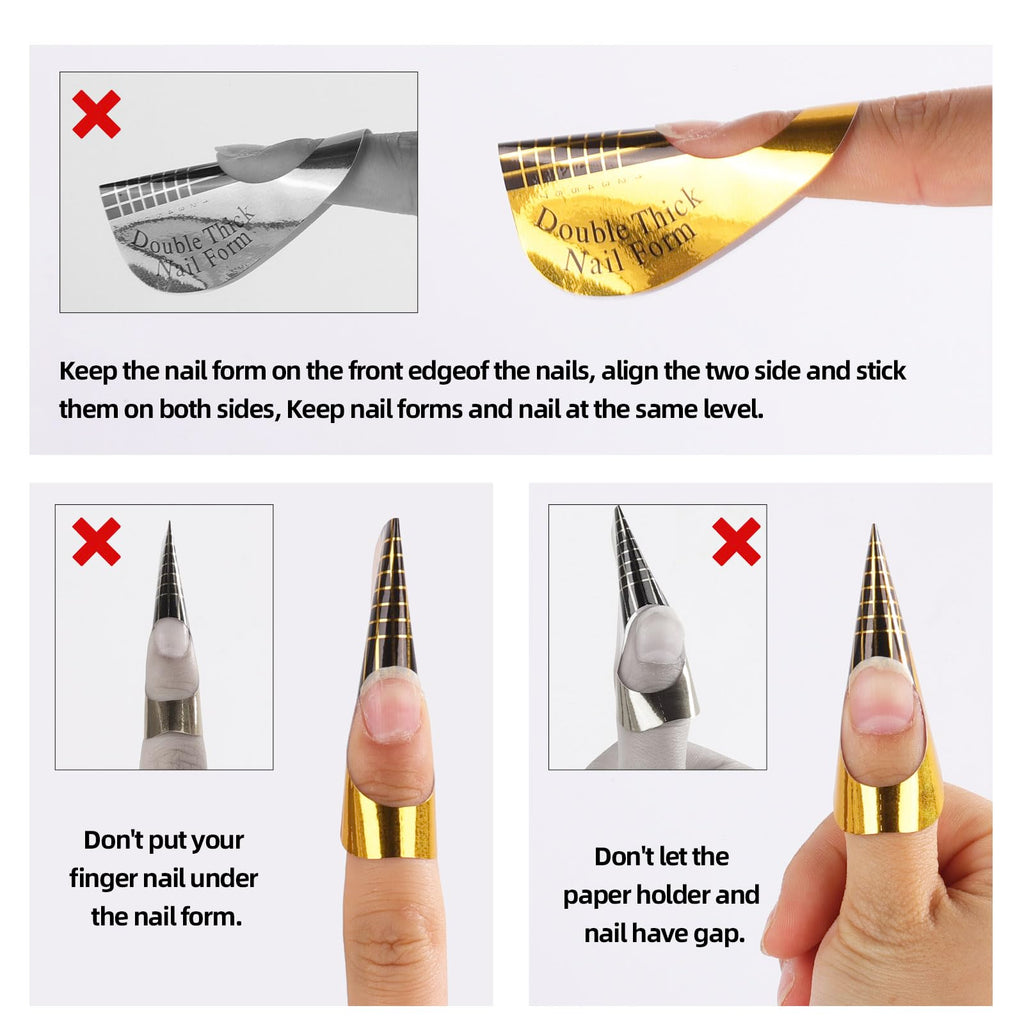 Polygel and acrylic nail sculpting using gold paper guide