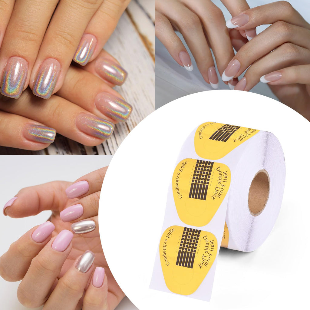 Completed nail extensions built on gold horseshoe paper templates