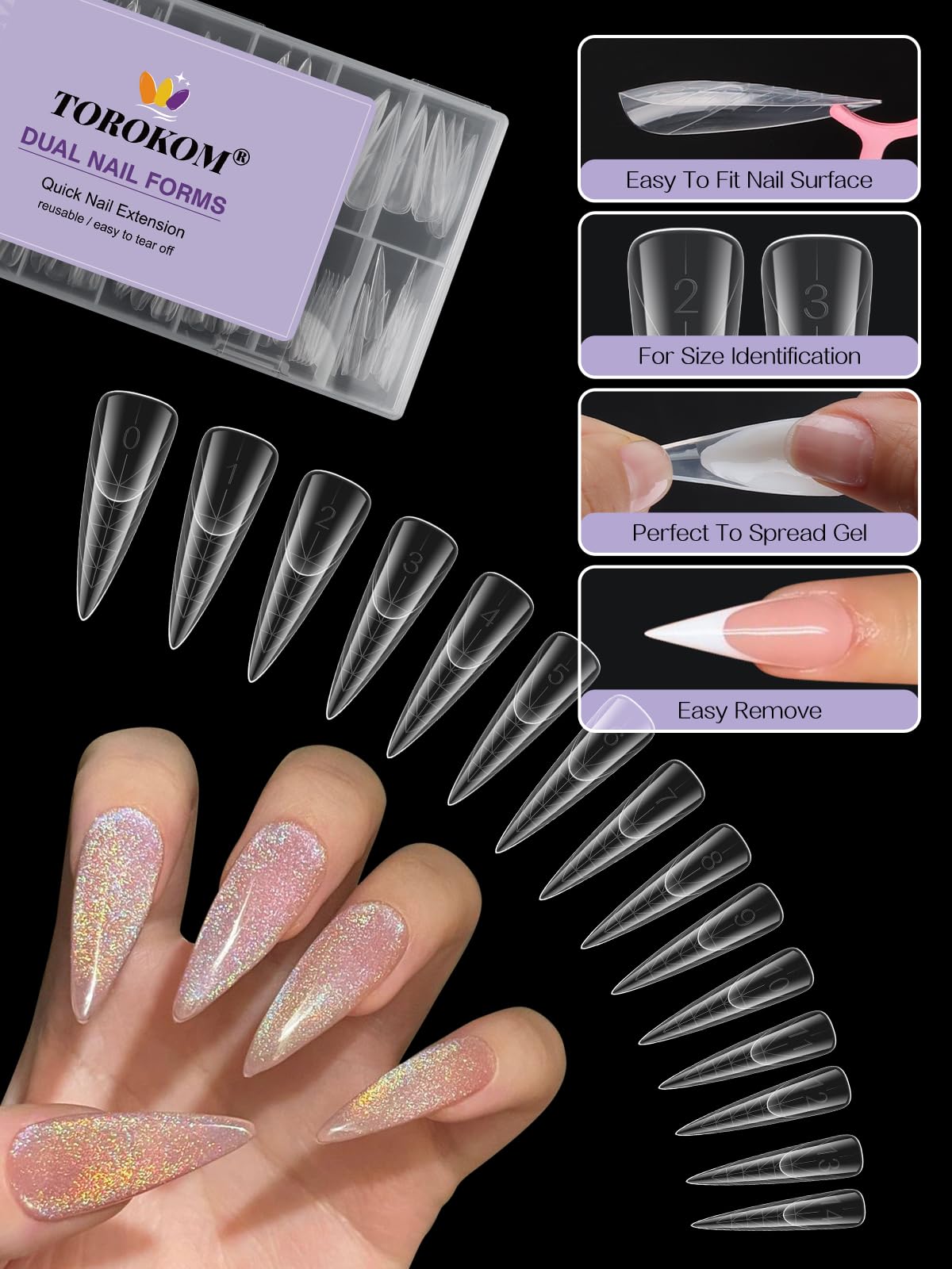 Close up of Torokom clear stiletto nail molds showing length scale markings