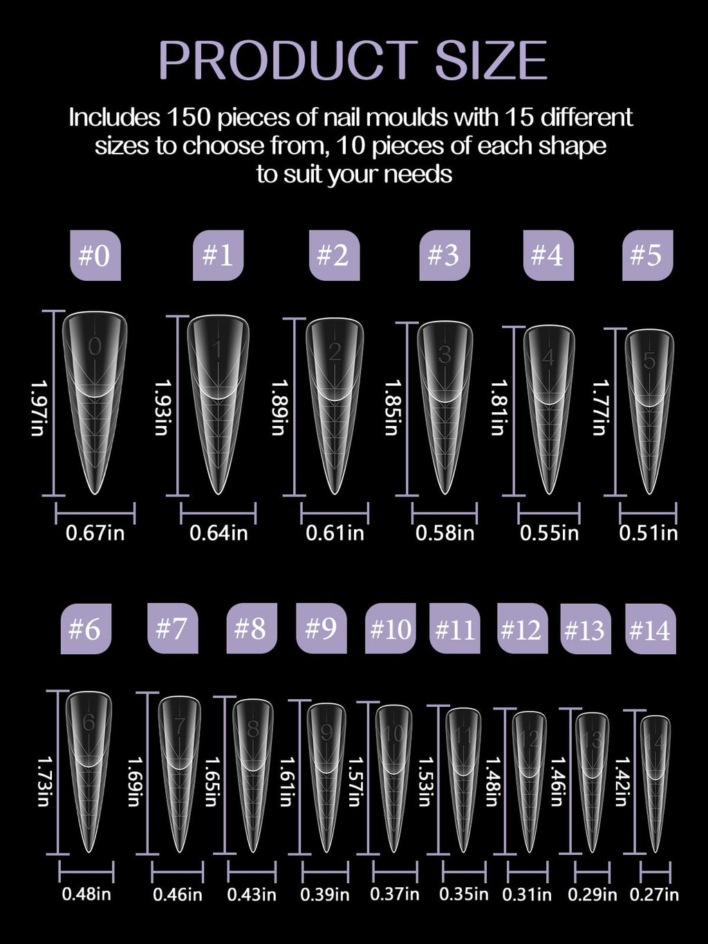 Close-up view of Torokom clear stiletto nail forms with etched measurement grids