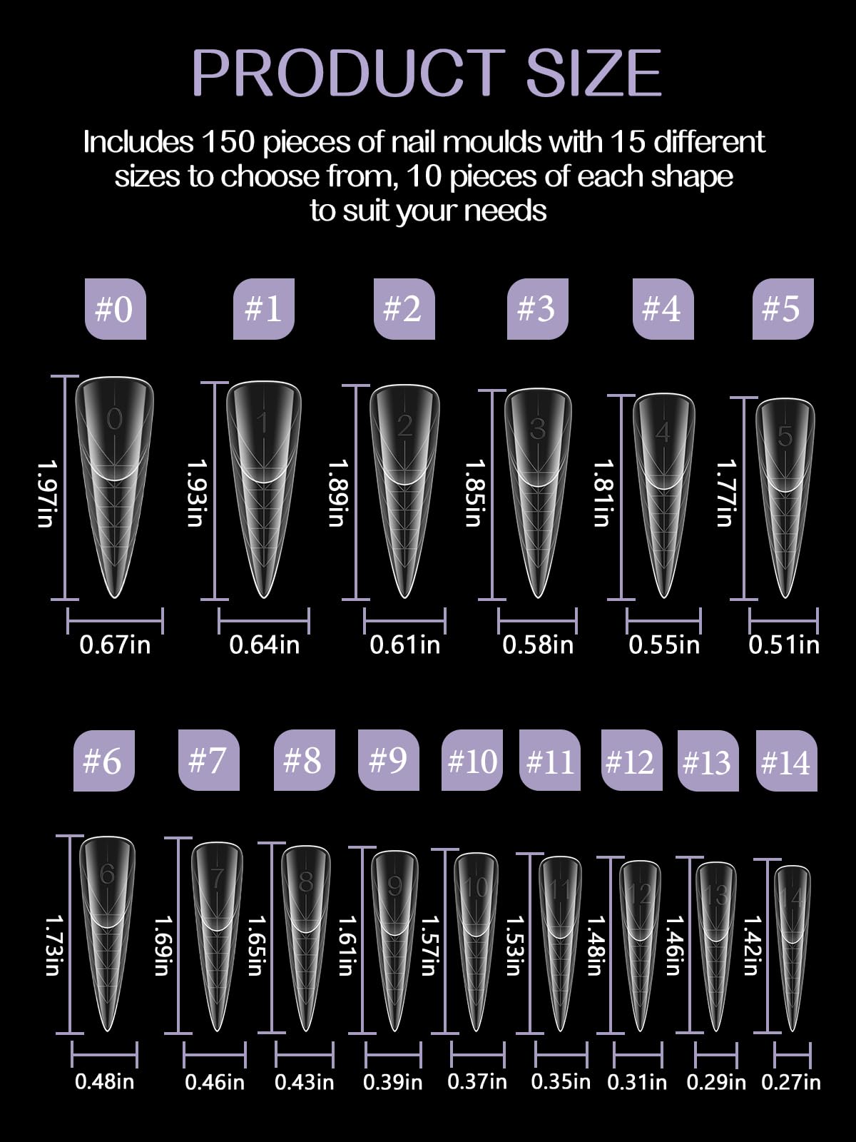 Selection of 15 different sizes of Torokom reusable dual nail forms