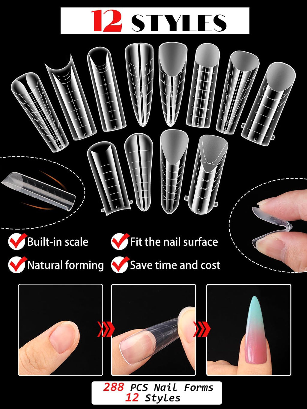 Close up of curved scale markings on nail extension molds