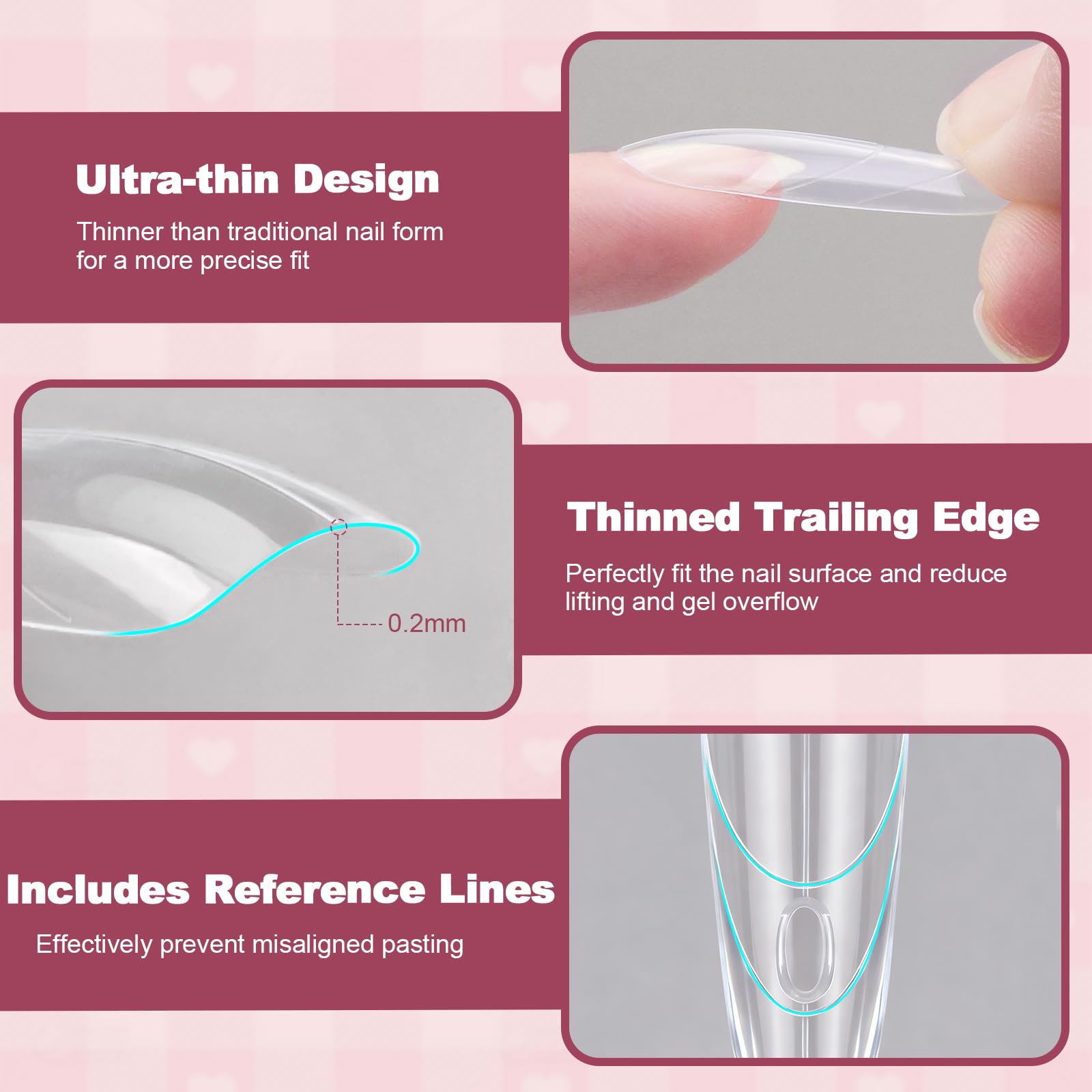 Close up of transparent sandwich nail dual forms for polygel