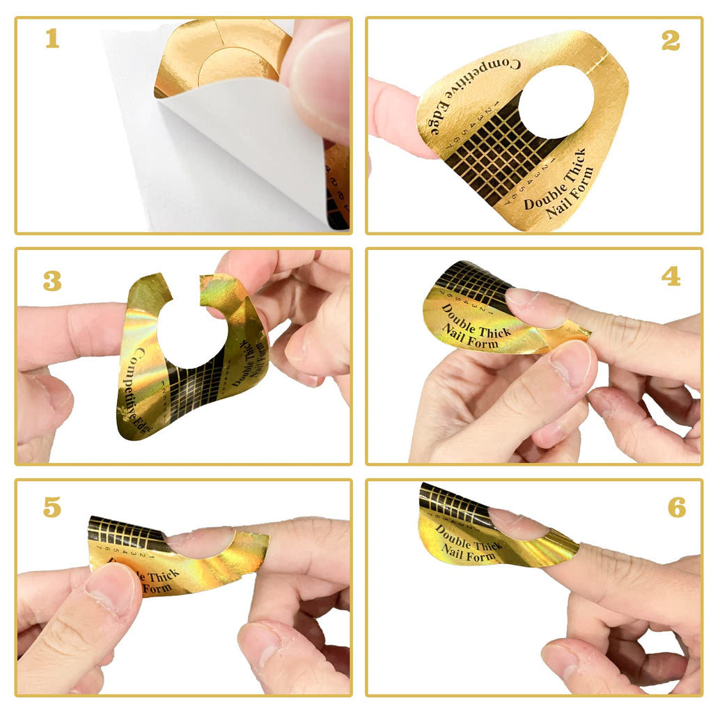 Gold nail forms applied on fingers for acrylic and polygel sculpting