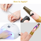 Professional nail technician using gold guide stickers for shaping